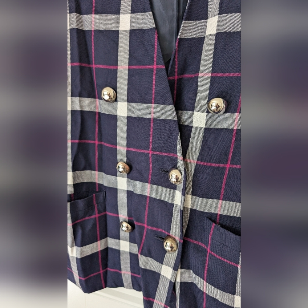 VTG Navy & Pink Plaid Double Breasted‎ Blazer - Picture 4 of 13